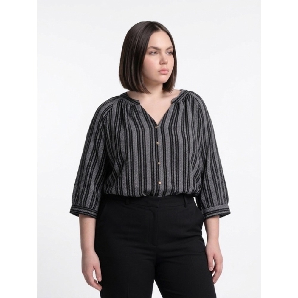 Adrienne Vittadini Womens 3X Black White Striped 3/4 Sleeve Button Front Blouse